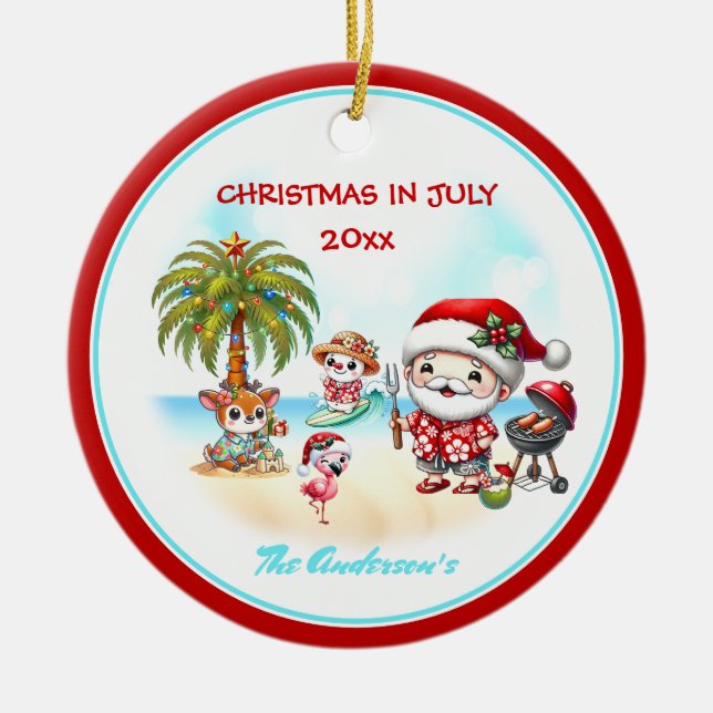 Adorno De Cerámica Navidades En Julio Verano Cute Santa Tropical (Frente)