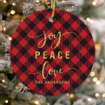 Adorno De Cerámica Navidades en Monograma de Buffalo Plaid Joy Peace<br><div class="desc">Buffalo Jaid Peace Love Monograma Navidades Cerámica Ornamento</div>