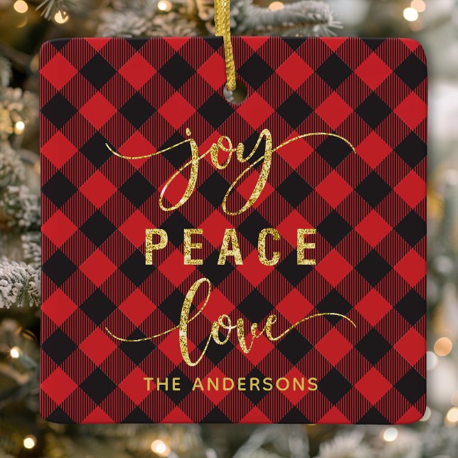 Adorno De Cerámica Navidades en Monograma de Buffalo Plaid Joy Peace  (Subido por el creador)