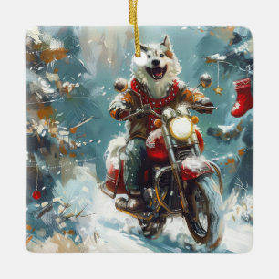 Adorno De Cerámica Navidades en motocicleta de Alaska Malamute