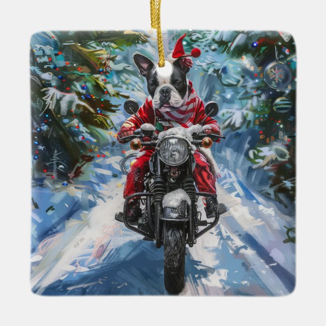 Adorno De Cerámica Navidades en motocicleta de Boston Terrier Dog Rid (Anverso)