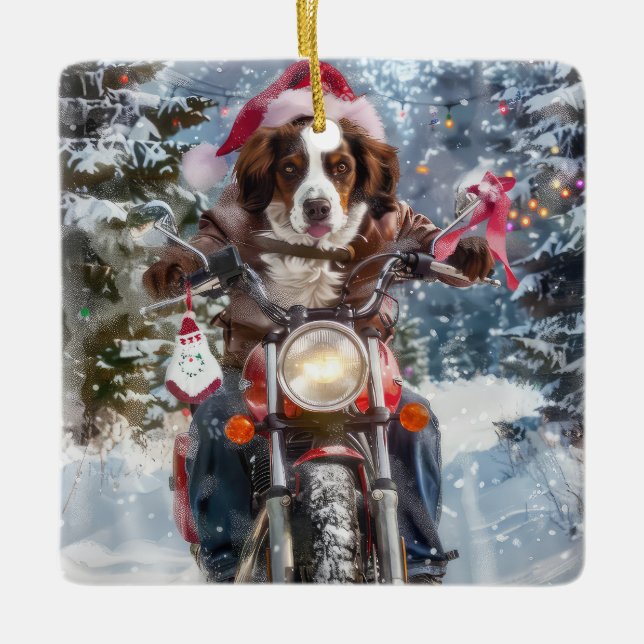 Adorno De Cerámica Navidades en motocicleta de Brittany Spaniel (Anverso)