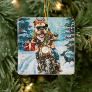 Adorno De Cerámica Navidades en motocicleta de bulldog