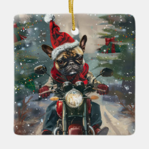 Adorno De Cerámica Navidades en motocicleta de Bulldog francés