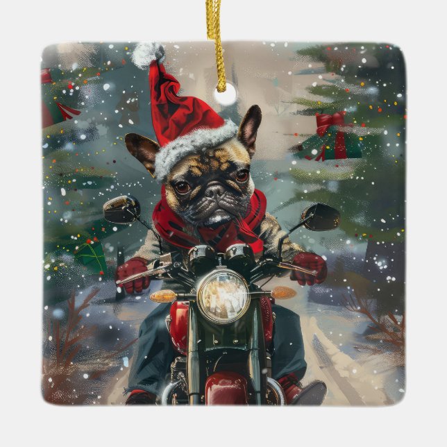 Adorno De Cerámica Navidades en motocicleta de Bulldog francés (Anverso)