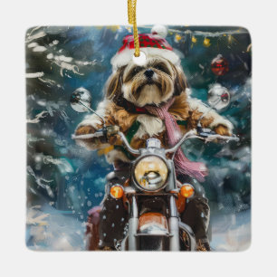 Adorno De Cerámica Navidades en motocicleta de lhasa Apso Dog Riding