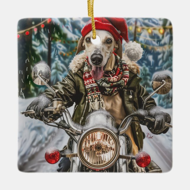 Adorno De Cerámica Navidades en motocicleta de perros de Greyhound (Anverso)