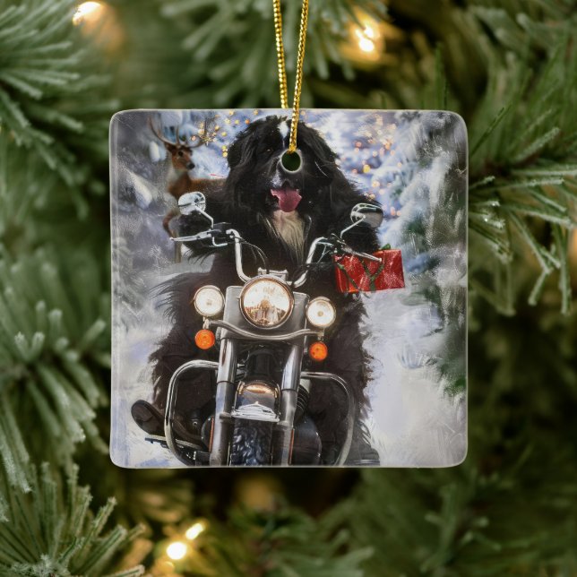 Adorno De Cerámica Navidades en motocicleta de perros de Terranova (Árbol)