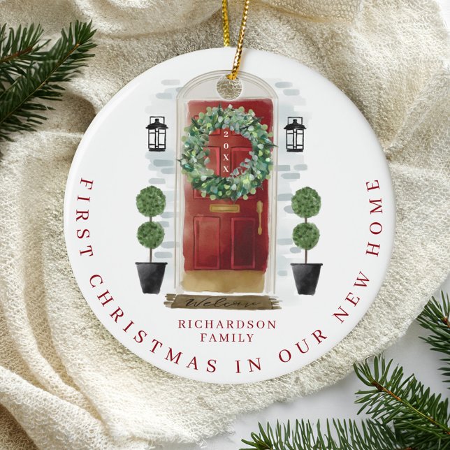 Adorno De Cerámica Navidades En Nueva Hogar Acuarela Tiras De La Puer (Christmas In New Home Watercolor Red Door Wreath Ceramic Ornament)