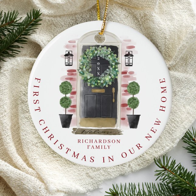 Adorno De Cerámica Navidades En Nuevo Hogar Acuarela Naranja De La Pu (Christmas In New Home Watercolor Black Door Wreath Ceramic Ornament)