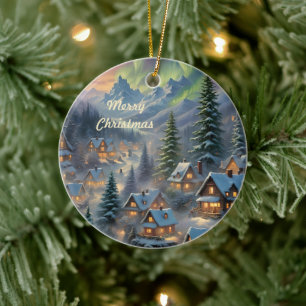 Adorno De Cerámica Navidades en un pueblo de montaña, luces polares