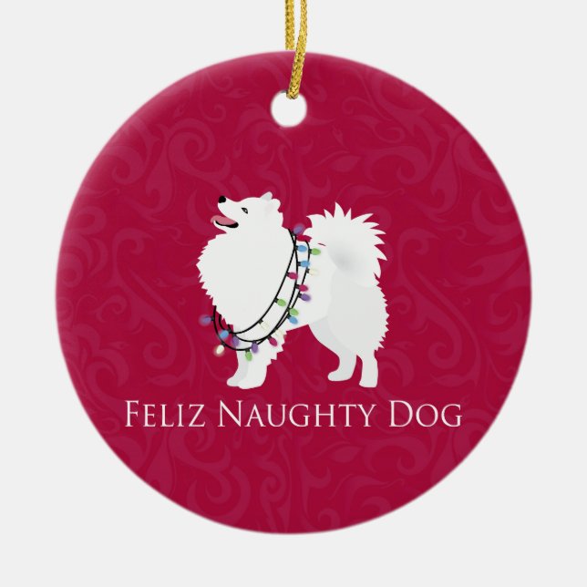 Adorno De Cerámica Navidades estadounidenses del perro esquimal Feliz (Frente)