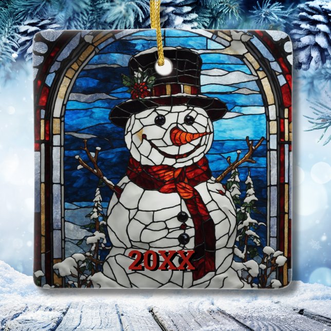 Adorno De Cerámica Navidades estilo cristal manchado de nieve (Snowman Stained Glass Style Christmas Ceramic Ornament
)