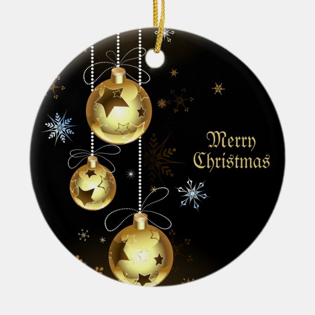 Adorno De Cerámica Navidades estrellas brillantes doradas negro (Frente)