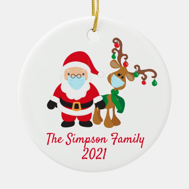 Adorno De Cerámica Navidades Face Mask Santa Reindeer 2021 Personaliz (Frente)