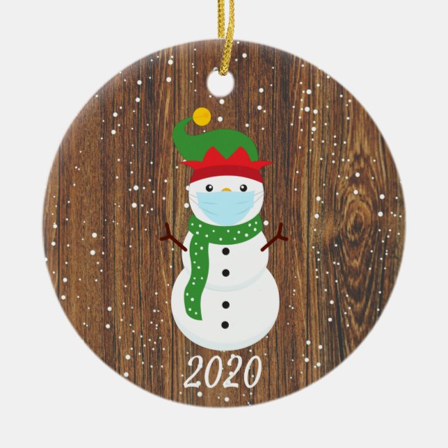 Adorno De Cerámica Navidades Face Mask Snowman 2020 Wood (Frente)