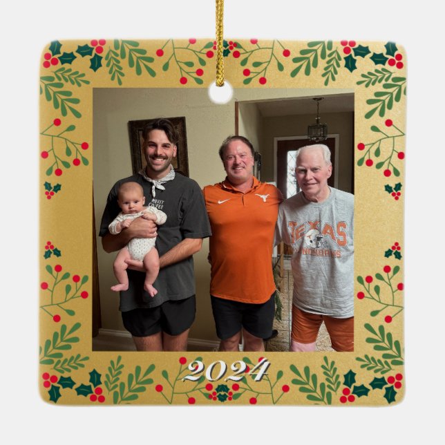 Adorno De Cerámica Navidades familiares doble foto oro y marco holly (Reverso)