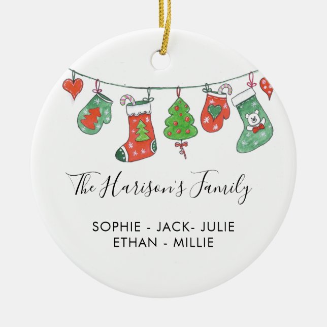 Adorno De Cerámica Navidades familiares personalizados acuarelas (Frente)