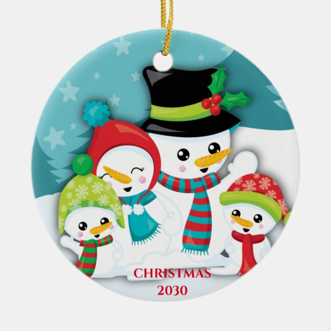 Adorno De Cerámica Navidades familiares personalizados de Snowman azu (Frente)