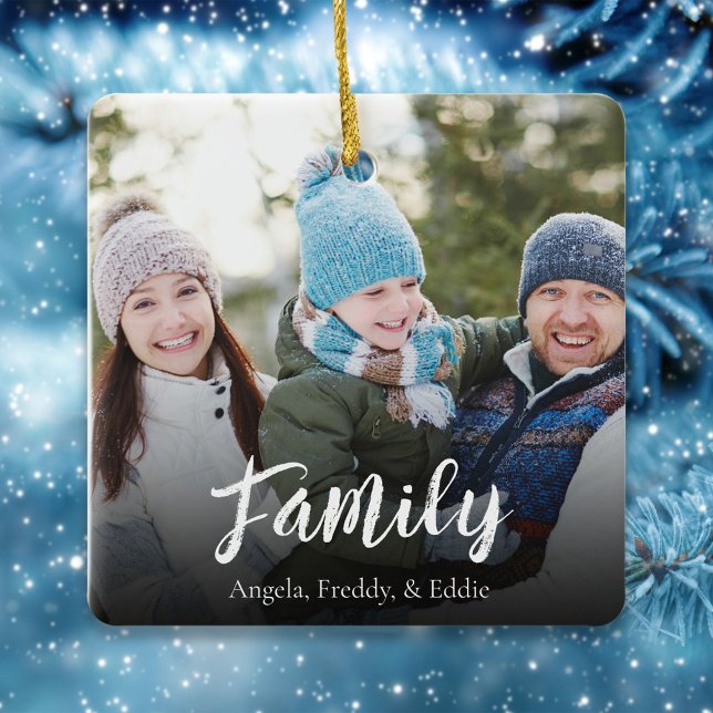 Adorno De Cerámica Navidades familiares simples foto Marina azul (Christmas photo square ceramic ornament with family calligraphy wording.)