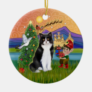 Adorno De Cerámica Navidades Fantasía - Negro y blanco Tuxedo gato