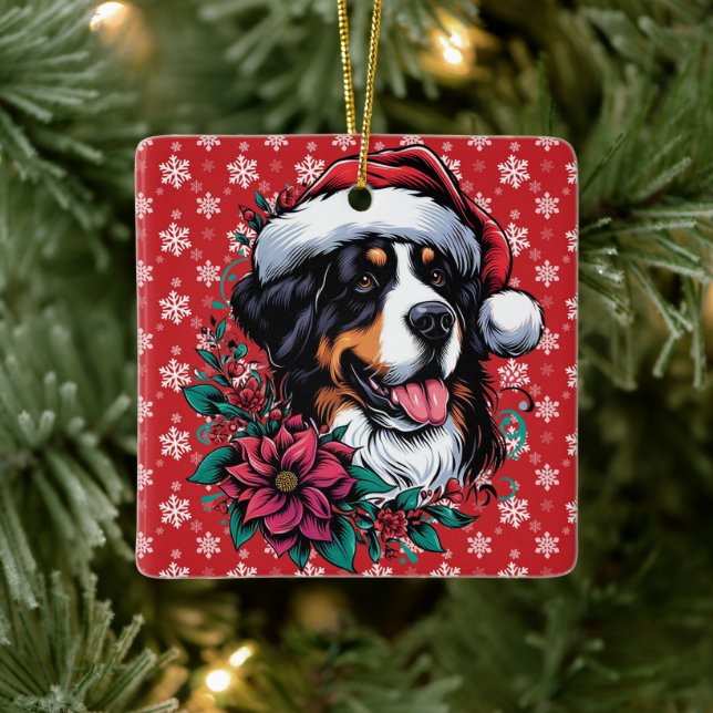 Adorno De Cerámica Navidades felices Bernese Mountain Dog Santa Hat (Árbol)