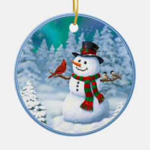 Adorno De Cerámica Navidades felices Snowman y Birds Winter Scene