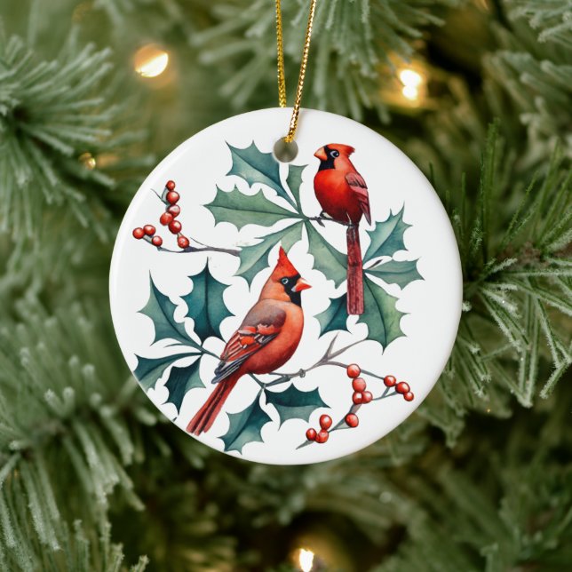 Adorno De Cerámica Navidades festivos acuarela cardenales añaden text (Árbol)