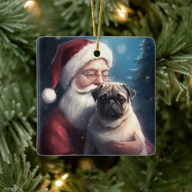 Adorno De Cerámica Navidades festivos de Pug con Santa Claus (Árbol)