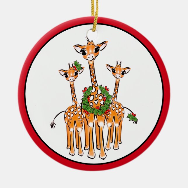 Adorno De Cerámica Navidades festivos Giraffe, corona verde roja (Frente)
