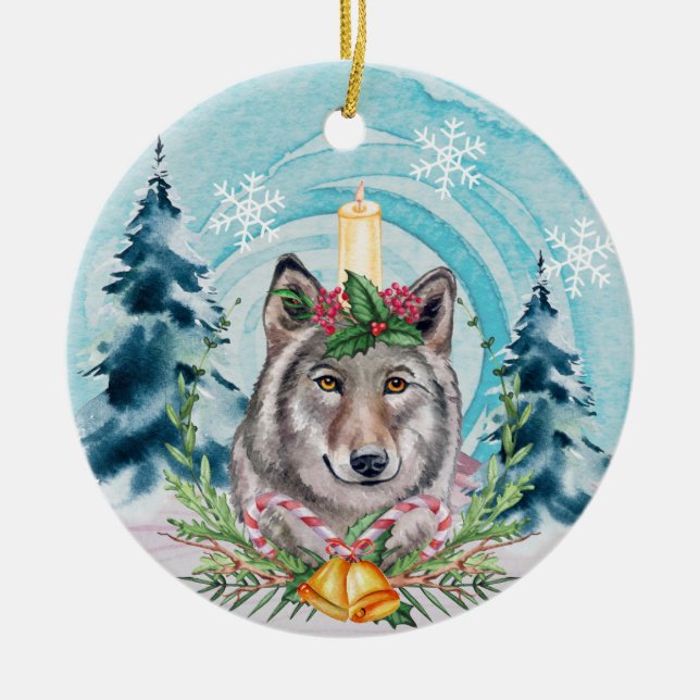 Adorno De Cerámica Navidades festivos Wolf Holiday Tree (Frente)