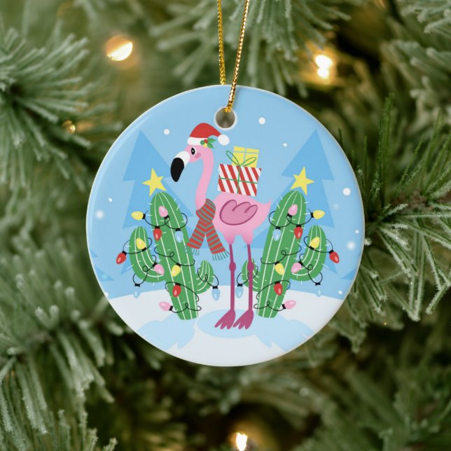 Adorno De Cerámica Navidades Flamingo con Cactus (Árbol)