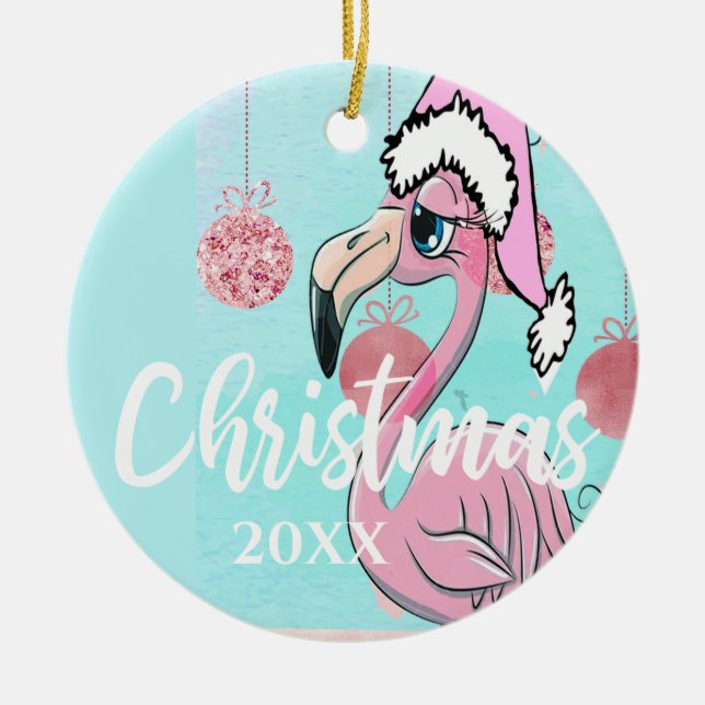Adorno De Cerámica Navidades Flamingo Foto Blue Pink Girly Cute (Frente)