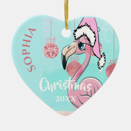Adorno De Cerámica Navidades Flamingo rosa Santa Photo Blue Cute