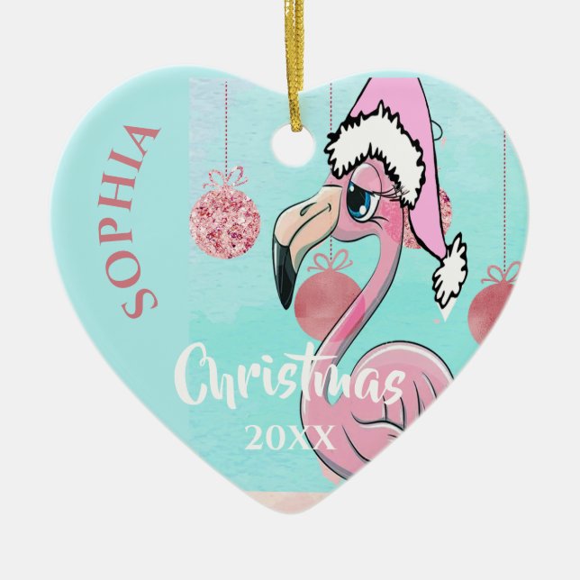 Adorno De Cerámica Navidades Flamingo rosa Santa Photo Blue Cute (Frente)