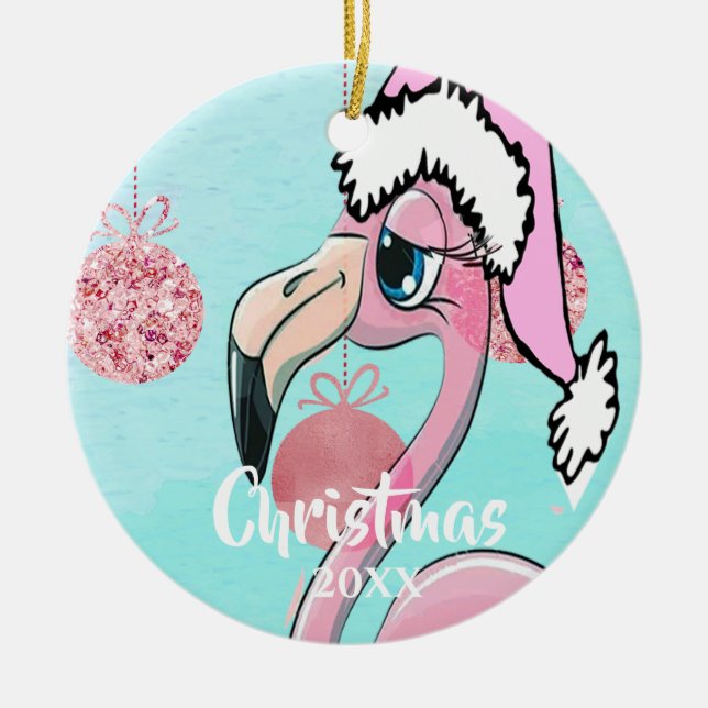 Adorno De Cerámica Navidades Flamingo Santa Hat Blue Pink Girly Cute (Frente)