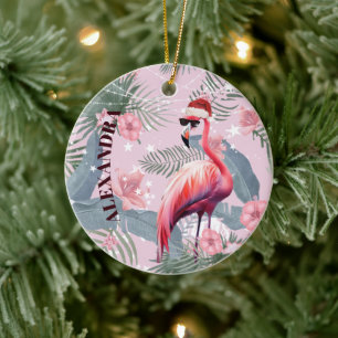 Adorno De Cerámica Navidades Flamingo Santa Hat Tropical