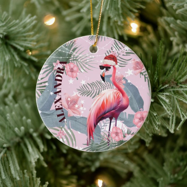 Adorno De Cerámica Navidades Flamingo Santa Hat Tropical (Árbol)