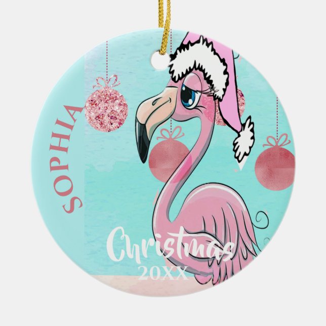 Adorno De Cerámica Navidades Flamingo Santa Photo Blue Pink Cute (Frente)