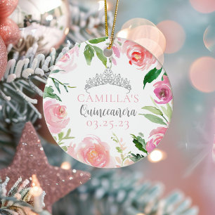 Adorno De Cerámica Navidades Floral Rosa Quinceañera Silver Tiara