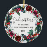 Adorno De Cerámica Navidades florales Winter Red Wreath GodMom<br><div class="desc">Regalo por propuesta de padrino de padrino para cristiandad,  bautismo,  Navidades.</div>