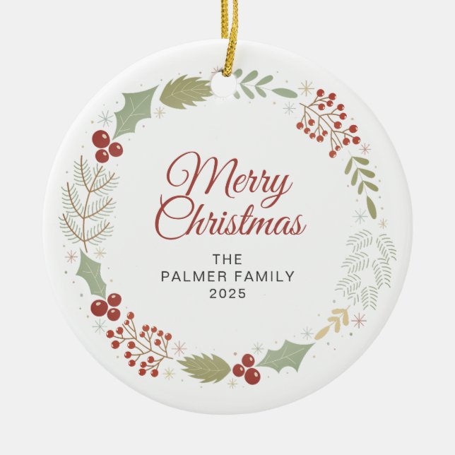 Adorno De Cerámica Navidades florales Wreath Family Photo (Frente)