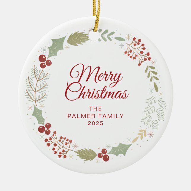 Adorno De Cerámica Navidades florales Wreath Family Photo (Frente)