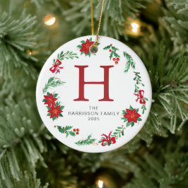 Adorno De Cerámica Navidades florales Wreath Monogramed Family Photo
