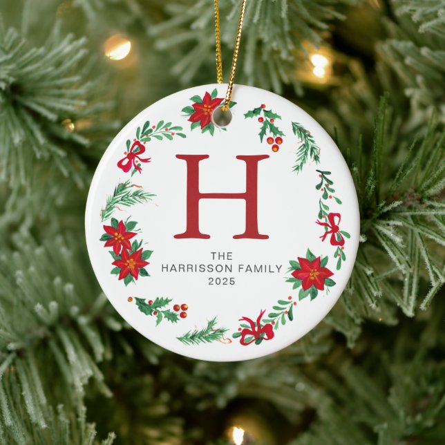 Adorno De Cerámica Navidades florales Wreath Monogramed Family Photo (Árbol)