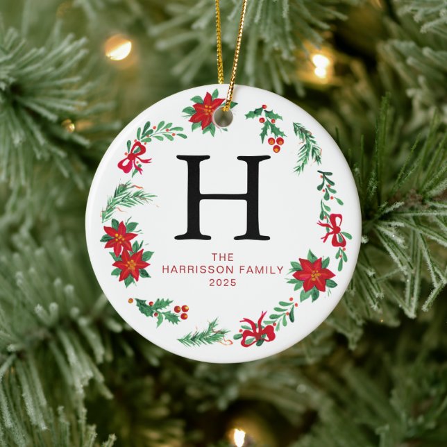 Adorno De Cerámica Navidades florales Wreath Monogramed Family Photo (Árbol)