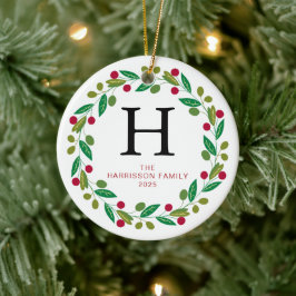 Adorno De Cerámica Navidades florales Wreath Monogramed Family Photo