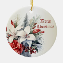 Adorno De Cerámica Navidades Flores Rojas Blancas Fiestas Elegantes