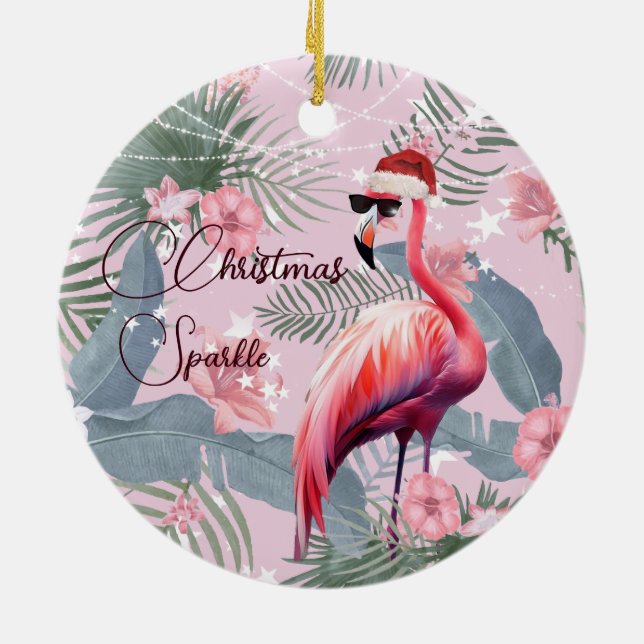 Adorno De Cerámica Navidades Foto Flamingo Santa Hat Tropical (Atrás)