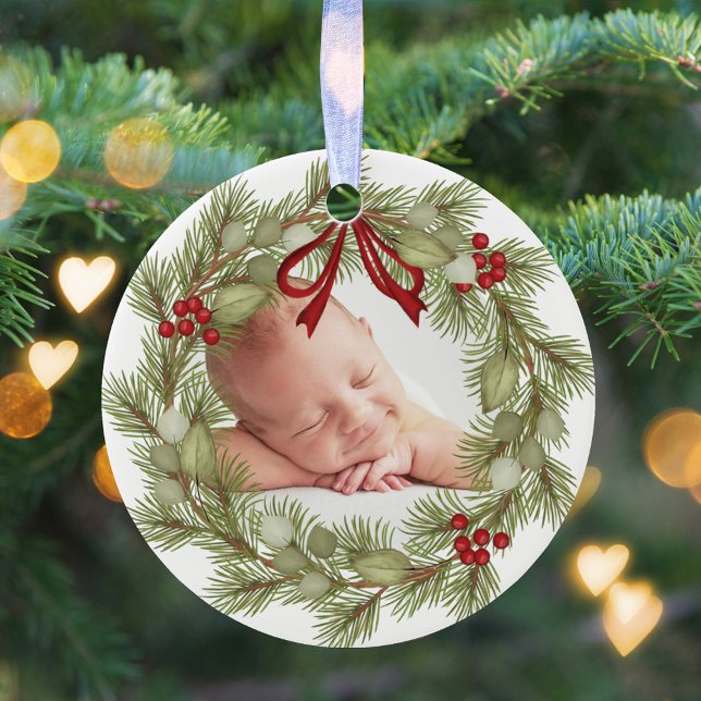 Adorno De Cerámica Navidades Foto Greenery Wreath Holly Berries (Christmas holiday photo wreath circle ceramic ornament.)